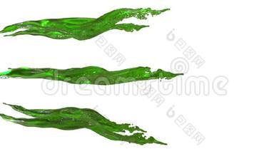 几条绿色的液体溪流，流淌着果汁。 广告液体被模拟和渲染，非常详细。 3d